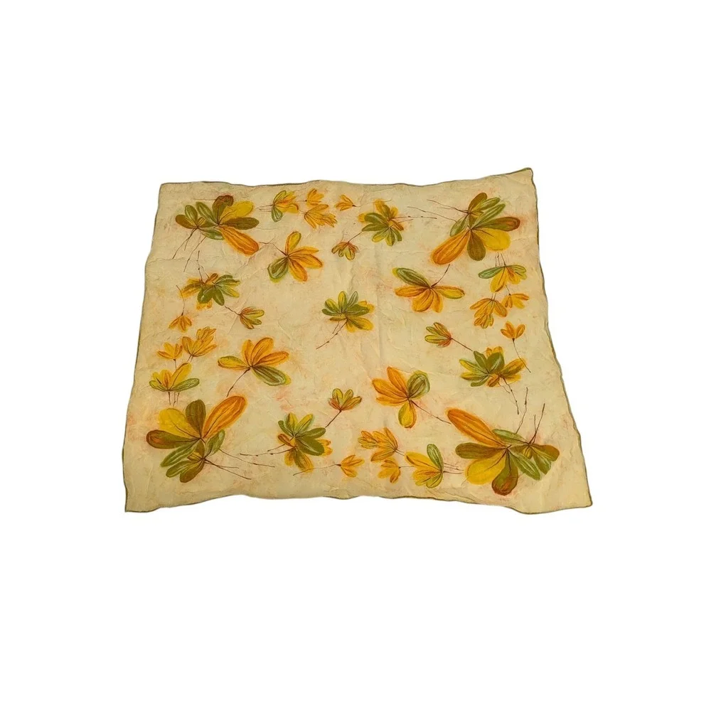 VTG Hand Painted Silk Scarf Botanical‎ Leaf Chartreuse Earth Tone MCM Hand Roll